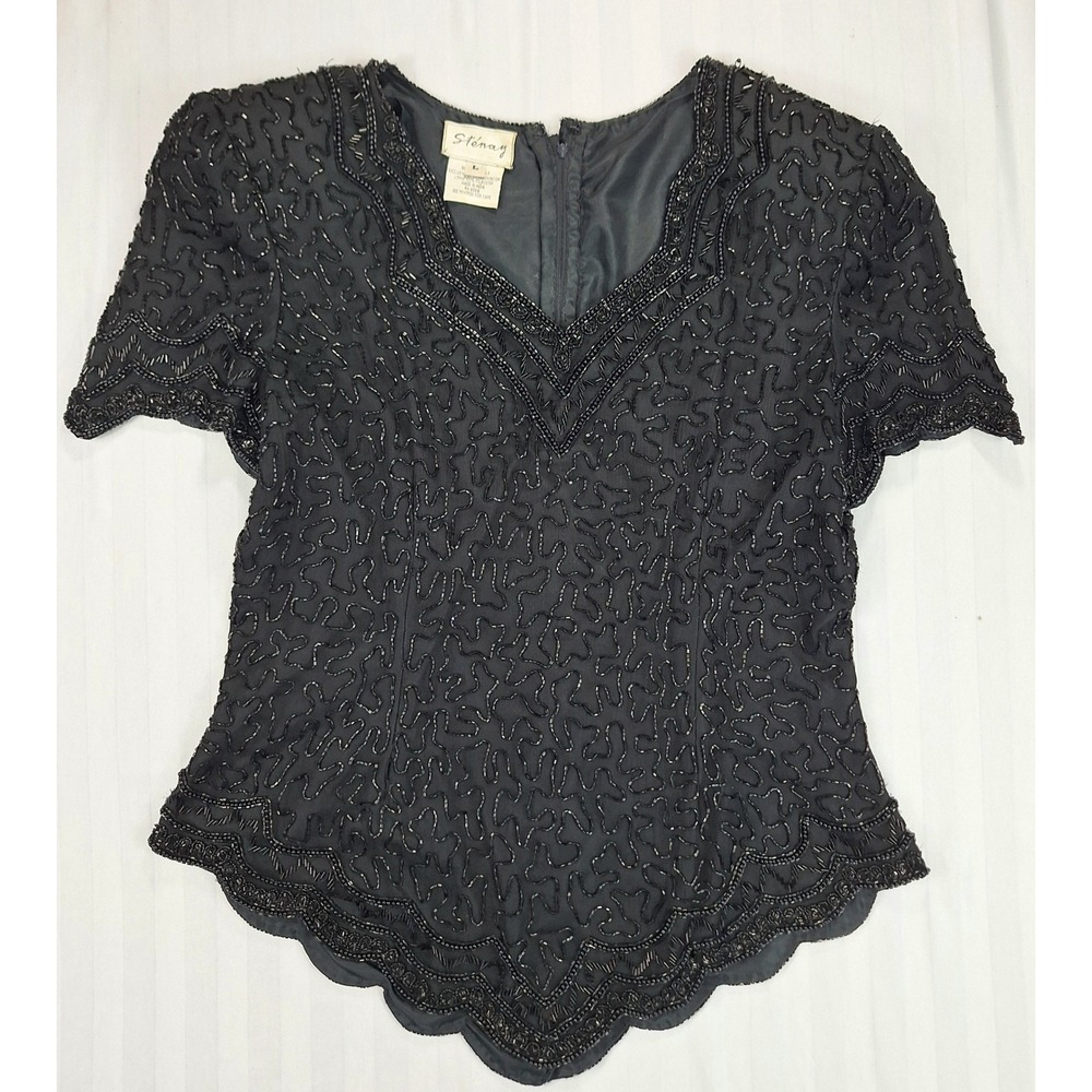 Stenay Black Silk Beaded Sequin Evening Top V-Neck Scalloped Hem Vintage size L